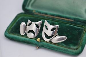 【貨物輸送無料】メンズ佩び物― ビンテージコメディマスクデザインスターリングシルバーカフリンクスvintage sterling silver cufflinks with a comedy and tragedy mask design b723