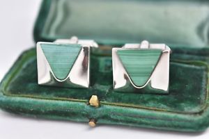 【貨物輸送無料】メンズ添え物― ビンテージスターリングシルバーアールデコマラカイトインサートカフリンクスvintage sterling silver cufflinks with an art deco malachite inserts g172