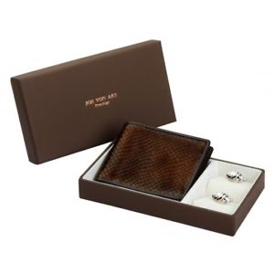 【貨物輸送無料】メンズ付属物― シルバーローズゴールドカフスボタンレザーウォレットセットbruge silver and rose gold cufflinks  amp; leather wallet  boxed gift set