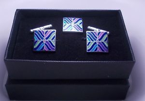 【送料無料】メンズアクセサリ―　スターリングシルバーエナメルパネルデザインカフスボタンラペルピンsterling 925 silver amp; enamel wavy panel design cufflinks and lapel pin