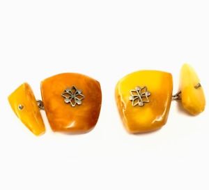 【貨物輸送無料】メンズ付属物― ビンテージオレンジシルバーカフリンクスボックスvintage butterscotch egg yolk amber amp; silver cufflinks gift boxed