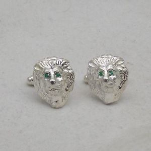 【貨物輸送無料】メンズ添え物― スターリングシルバーライオンマスクエメラルドカフスボタンセットsterling  silver lion mask cufflinks set with emerald eyes