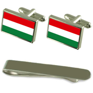【貨物輸送無料】メンズ付属品― ハンガリーシルバーカフスボタンタイクリップセットhungary flag silver cufflinks tie clip engraved gift set