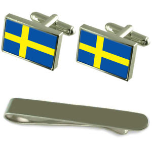 【送料無料】メンズアクセサリ―　スウェーデンシルバーカフスボタンタイクリップセットsweden flag silver cufflinks tie clip engraved gift set