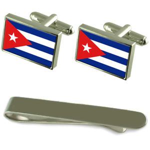 【送料無料】メンズアクセサリ―　キューバシルバーカフスボタンタイクリップボックスセットcuba flag silver cufflinks tie clip box gift set