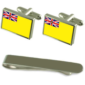 【貨物輸送無料】メンズ付属物― ニウエシルバーカフスボタンタイクリップセットniue flag silver cufflinks tie clip engraved gift set