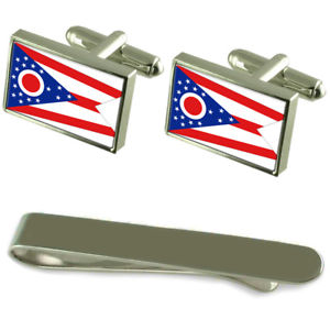 【貨物輸送無料】メンズ付属品― オハイオシルバーカフスボタンタイクリップセットohio flag silver cufflinks tie clip engraved gift set