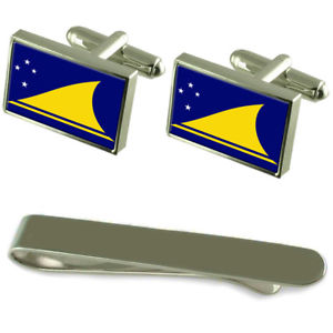 【貨物輸送無料】メンズ付属物― トケラウシルバーカフスボタンタイクリップセットtokelau flag silver cufflinks tie clip engraved gift set
