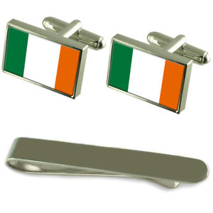 【貨物輸送無料】メンズ佩び物― アイルランドシルバーカフスボタンタイクリップセットireland flag silver cufflinks tie clip engraved gift set