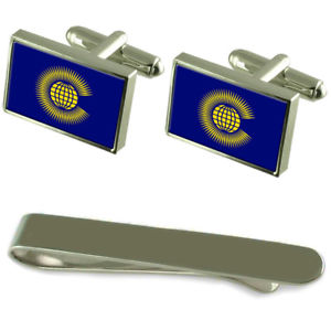 【貨物輸送無料】メンズ付属物― シルバーカフスボタンタイクリップセットcommonwealth flag silver cufflinks tie clip engraved gift set