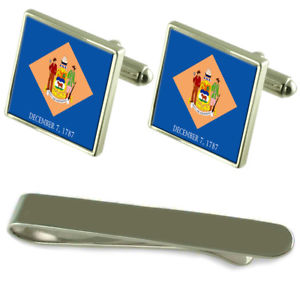 【貨物輸送無料】メンズ佩び物― デラウェアシルバーカフスボタンタイクリップセットdelaware flag silver cufflinks tie clip engraved gift set
