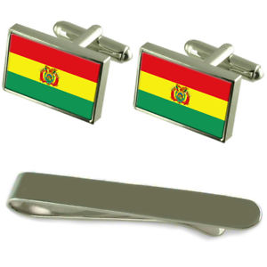 【貨物輸送無料】メンズ付属物― ボリビアシルバーカフスボタンタイクリップセットbolivia flag silver cufflinks tie clip engraved gift set