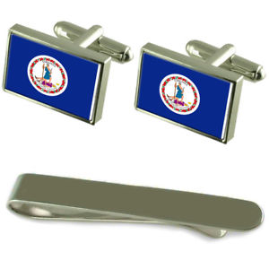 【貨物輸送無料】メンズ付属物― バージニアシルバーカフスボタンタイクリップセットvirginia flag silver cufflinks tie clip engraved gift set