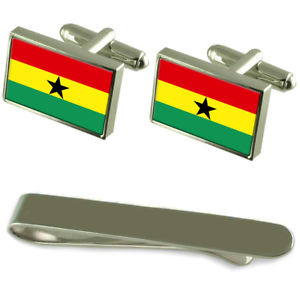 【貨物輸送無料】メンズ付属物― ガーナシルバーカフスボタンタイクリップボックスセットghana flag silver cufflinks tie clip box gift set