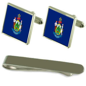 【貨物輸送無料】メンズ付属物― メインシルバーカフスボタンタイクリップボックスセットmaine flag silver cufflinks tie clip box gift set