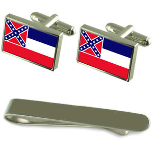 【貨物輸送無料】メンズ付属物― ミシシッピシルバーカフスボタンタイクリップボックスセットmississippi flag silver cufflinks tie clip box gift set