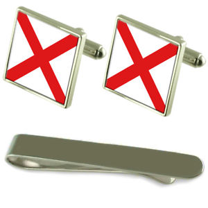 【送料無料】メンズアクセサリ―　アラバマシルバーカフスボタンタイクリップセットalabama flag silver cufflinks tie clip engraved gift set