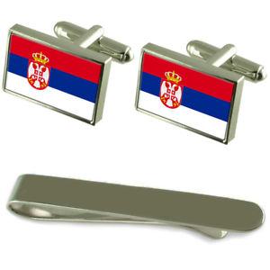 【貨物輸送無料】メンズ付属品― セルビアシルバーカフスボタンタイクリップセットserbia flag silver cufflinks tie clip engraved gift set