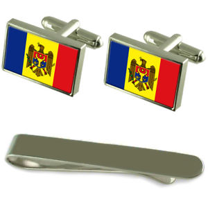 【貨物輸送無料】メンズ付属品― モルドバシルバーカフスボタンタイクリップセットmoldova flag silver cufflinks tie clip engraved gift set