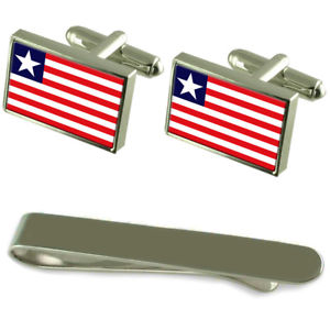 【貨物輸送無料】メンズ付属品― リベリアシルバーカフスボタンタイクリップセットliberia flag silver cufflinks tie clip engraved gift set