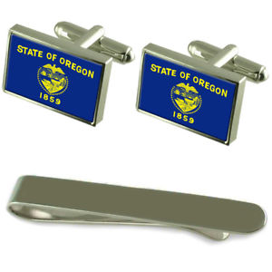 【貨物輸送無料】メンズ付属物― オレゴンシルバーカフスボタンタイクリップセットoregon flag silver cufflinks tie clip engraved gift set