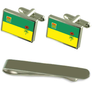 【貨物輸送無料】メンズ付属物― サスカチュワンシルバーカフスボタンタイクリップボックスセットsaskatchewan flag silver cufflinks tie clip box gift set