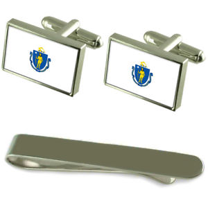 【貨物輸送無料】メンズ付属物― マサチューセッツシルバーカフスボタンタイクリップセットmassachusetts flag silver cufflinks tie clip engraved gift set