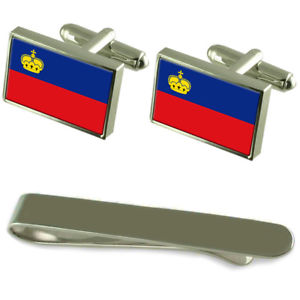 【貨物輸送無料】メンズ付属物― リヒテンシュタインシルバーカフスボタンタイクリップボックスセットliechtenstein flag silver cufflinks tie clip box gift set