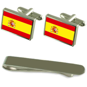 【貨物輸送無料】メンズ付属品― スペインシルバーカフスボタンタイクリップセットspain flag silver cufflinks tie clip engraved gift set