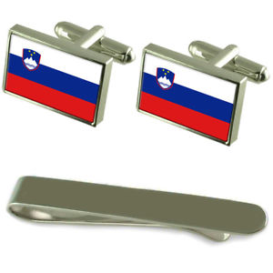 【貨物輸送無料】メンズ付属品― スロベニアシルバーカフスボタンタイクリップセットslovenia flag silver cufflinks tie clip engraved gift set