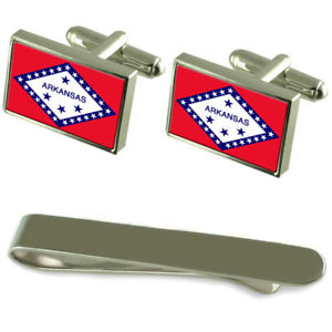 【貨物輸送無料】メンズ付属品― アーカンソーシルバーカフスボタンタイクリップセットarkansas flag silver cufflinks tie clip engraved gift set