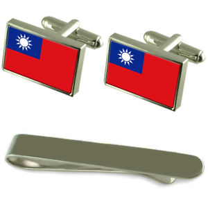 【貨物輸送無料】メンズ付属品― シルバーカフスボタンタイクリップセットtaiwan flag silver cufflinks tie clip engraved gift set