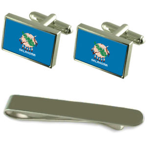 【貨物輸送無料】メンズ佩び物― オクラホマシルバーカフスボタンタイクリップセットoklahoma flag silver cufflinks tie clip engraved gift set