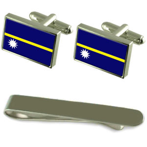 【貨物輸送無料】メンズ付属物― ナウルシルバーカフスボタンタイクリップボックスセットnauru flag silver cufflinks tie clip box gift set