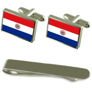 【貨物輸送無料】メンズ付属品― パラグアイシルバーカフスボタンタイクリップセットparaguay flag silver cufflinks tie clip engraved gift set