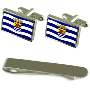 【貨物輸送無料】メンズ付属物― ゼーラントシルバーカフスボタンタイクリップセットzeeland flag silver cufflinks tie clip engraved gift set