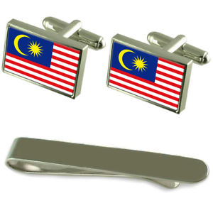 【送料無料】メンズアクセサリ―　マレーシアシルバーカフスボタンタイクリップボックスセットmalaysia flag silver cufflinks tie clip box gift set