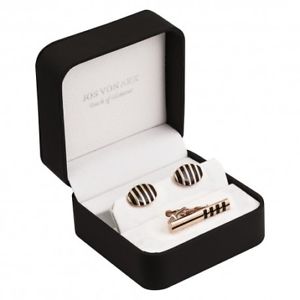 【送料無料】メンズアクセサリ―　ストライプローズゴールドカフスボタンタイバーセットstriped rose gold cufflinks and short tie bar boxed gift set