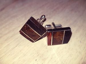 【貨物輸送無料】メンズ付属物― スターリングシルバーオレンジハンドカフリンクスsterling silver cufflinks with amber stone and wood  hand made