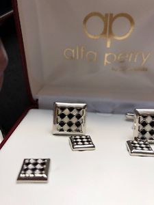 【送料無料】メンズアクセサリ&mdash;　ペリーシルバーリンクチェッカーカフスボタンalfa perry by silver links chequered cufflinks｜hokushin