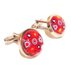 【送料無料】メンズアクセサリ― ムラノラウンドガラスカフスボタンred murano millefiori round glass amp; silver chunky inlay cufflinks