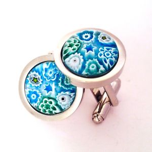【送料無料】メンズアクセサリ― ターコイズムラーノラウンドガラスアンプカフスボタンturquoise flower murano millefiori round glass amp; silver inlay chunky cufflinks