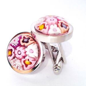 【送料無料】メンズアクセサリ― ピンクムラーノラウンドガラスアンプカフスボタンpink flower murano millefiori round glass amp; silver inlay chunky cufflinks
