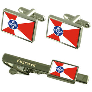 【送料無料】メンズアクセサリ―　ウィチタアメリカフラグカフスリンクネクタイピンセットwichita city united states flag cufflinks engraved tie clip set