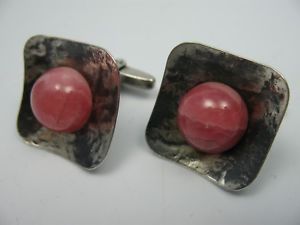 【貨物輸送無料】メンズ佩び物― ハンドメイドハンマーカフスボタンブローシルバーhandmade hammer blow cufflinks 835 silver with rhodochrosite