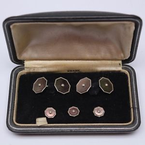【送料無料】メンズアクセサリ―　プレートカフスボタンスタッドパールフォーマルタキシードvtg swank bamp;w plate cufflinks stud set silvertone mother of pearl formal tuxedo 26,256円