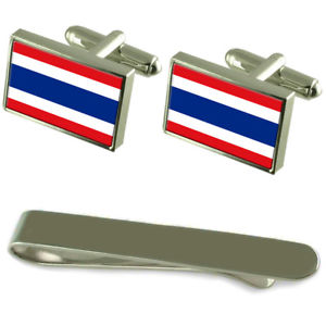 【貨物輸送無料】メンズ付属品― タイシルバーカフスボタンタイクリップセットthailand flag silver cufflinks tie clip engraved gift set