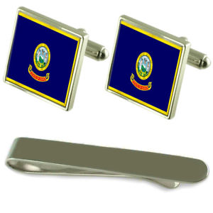 【貨物輸送無料】メンズ付属品― アイダホシルバーカフスボタンタイクリップセットidaho flag silver cufflinks tie clip engraved gift set
