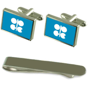 【貨物輸送無料】メンズ付属品― ｏｐｅｃフラグシルバーカフスボタンタイクリップセットopec flag silver cufflinks tie clip engraved gift set