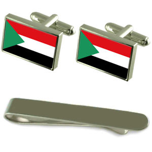 【貨物輸送無料】メンズ付属品― スーダンシルバーカフスボタンタイクリップセットthe sudan flag silver cufflinks tie clip engraved gift set
